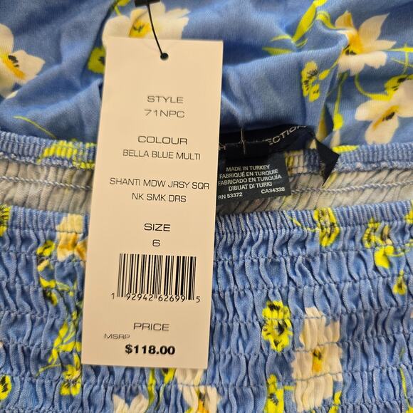 French Connection Dress Women's 6 Blue Yellow Floral Mini Cap Short Sleeve NWT - Picture 6 of 16